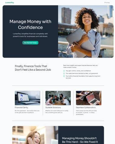 Screenshot of a modern fintech one‑page Carrd template designed for financial tools and apps.