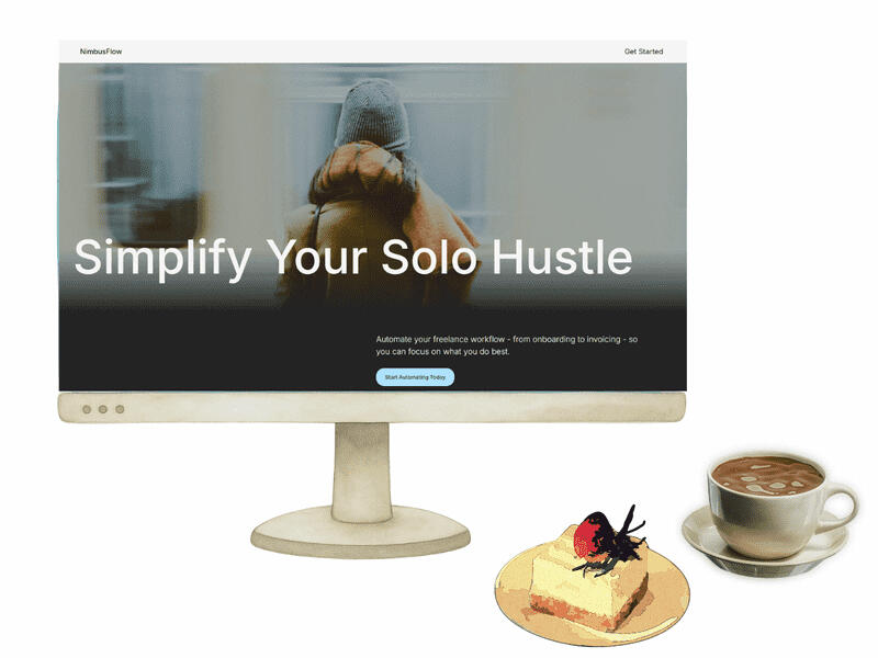Drawing of computer screen showing screenshot of a the header of a Plexonium template. Text: Simplify your solo hustle. Next to it a piece of cake and coffee cup.