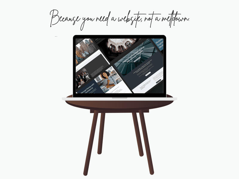 Picture of a table with a laptop. The screen showing a collage of Plexonium Carrd templates. Caligraphy text above: Because you need a website, not a meltdown.
