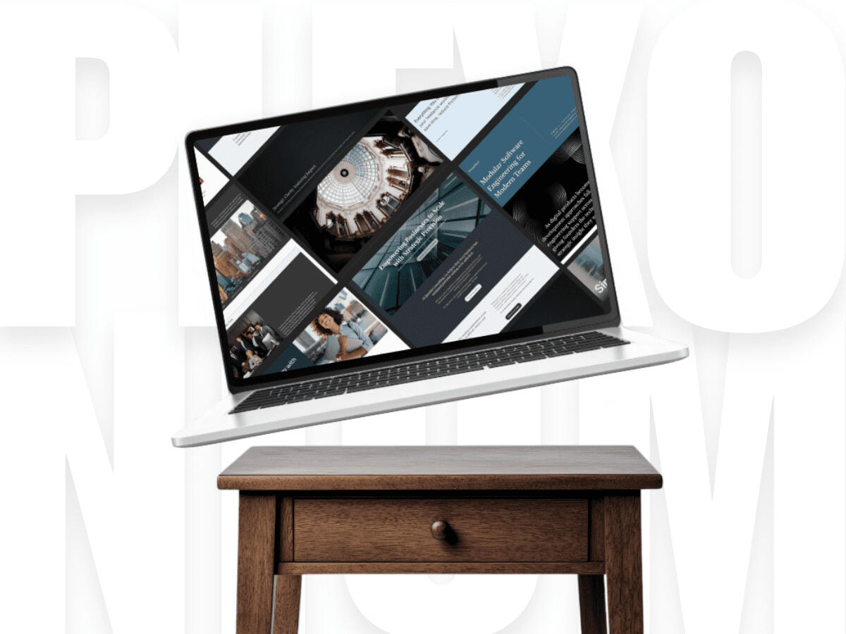 A laptop hovering on an angle above a table. On the screen is a collage of Plexonium templates. The image background has oversized white letters with subtle shading. Text: Plexonium